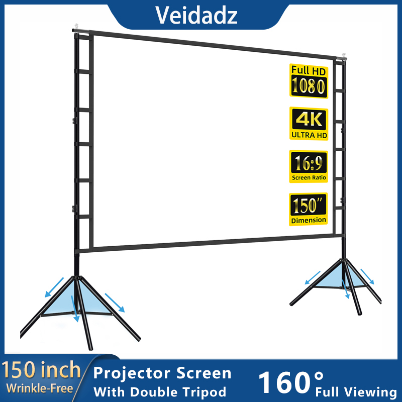 Home Cinema Blanc - スタンド付きVidadz-プロジェクタースクリーン、白いしわのない、160 ° 表示角度、60-150インチ、両面、ホームシアター、アウトドア
